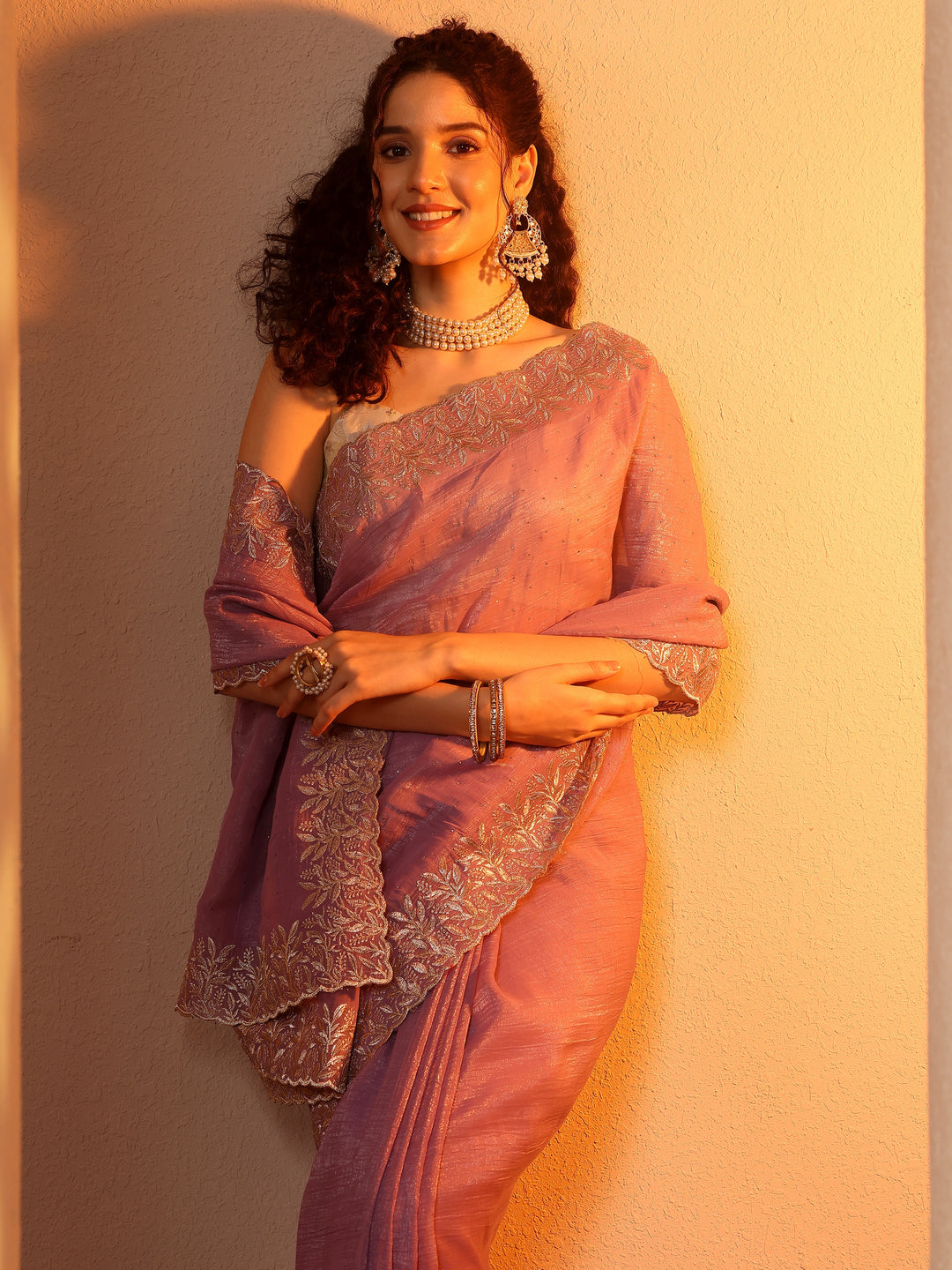 Lavender Embellished Chinon Saree With Unstitched Blouse Piece