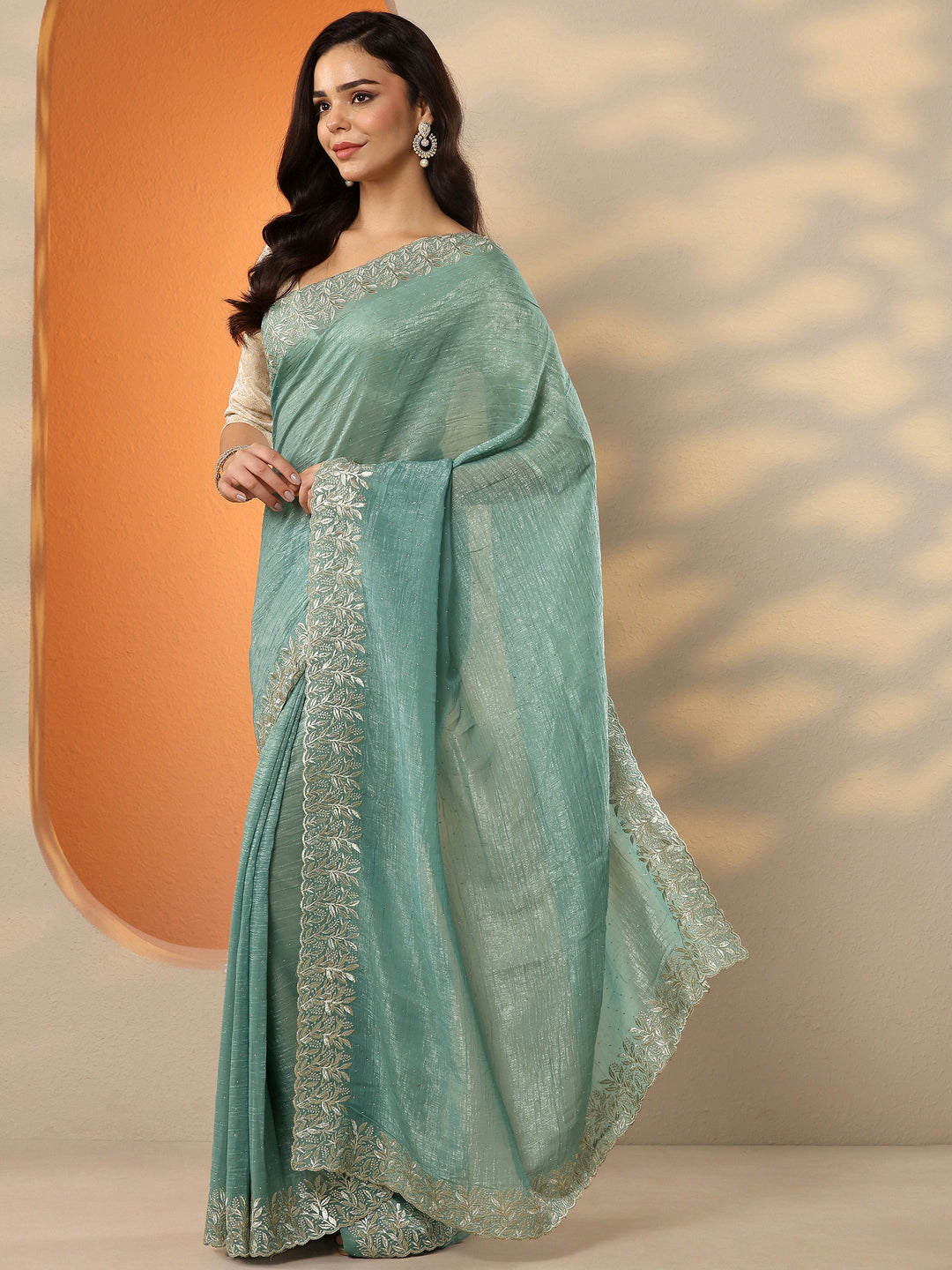 Green Embellished Chinon Saree With Unstitched Blouse Piece