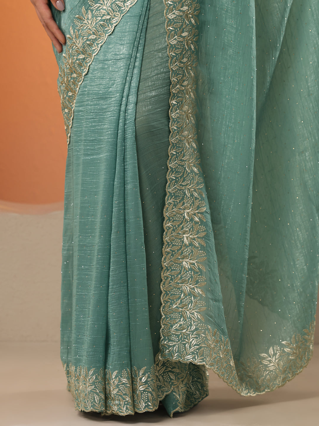 Green Embellished Chinon Saree With Unstitched Blouse Piece