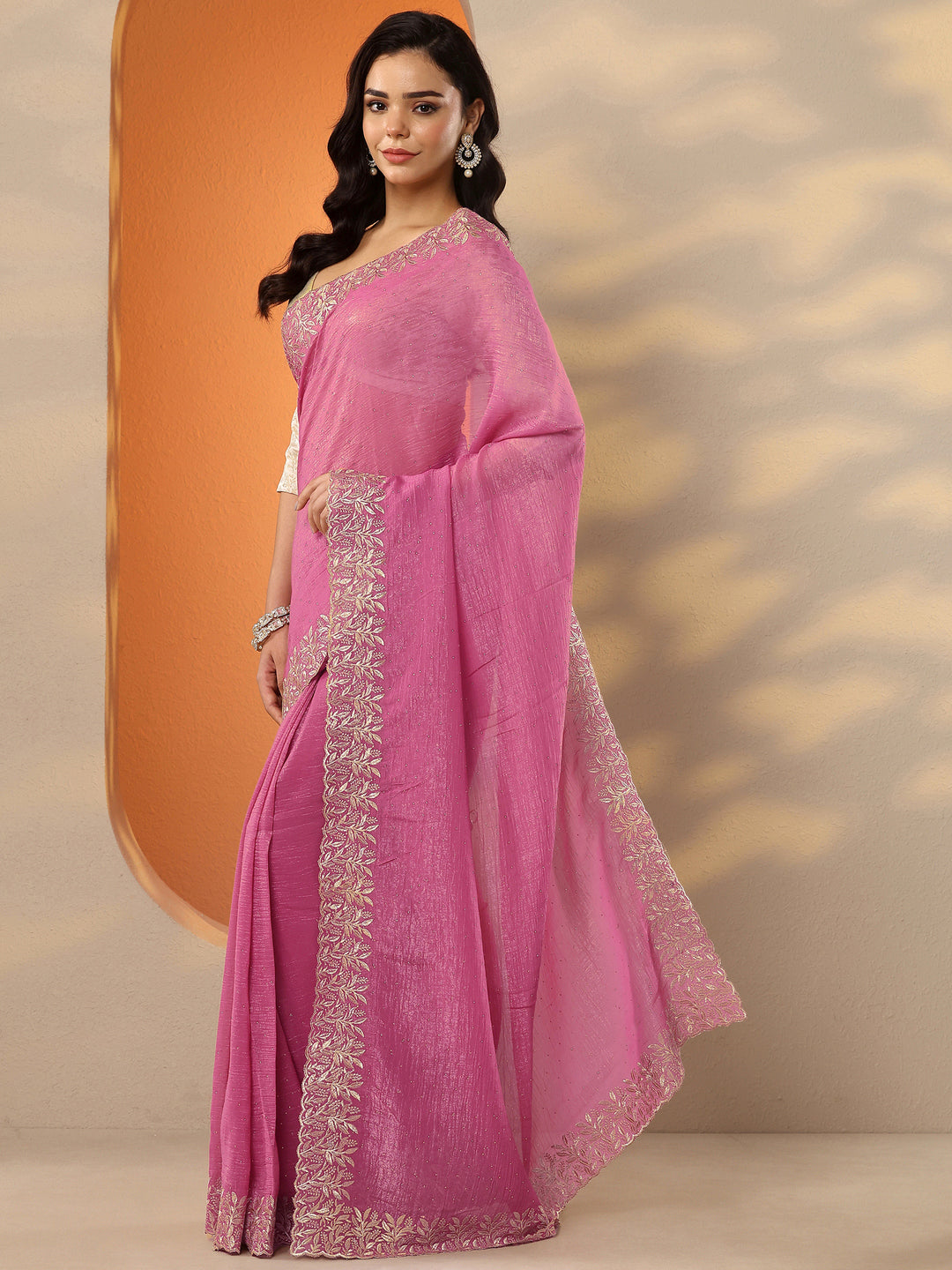 Pink Embellished Chinon Saree With Unstitched Blouse Piece