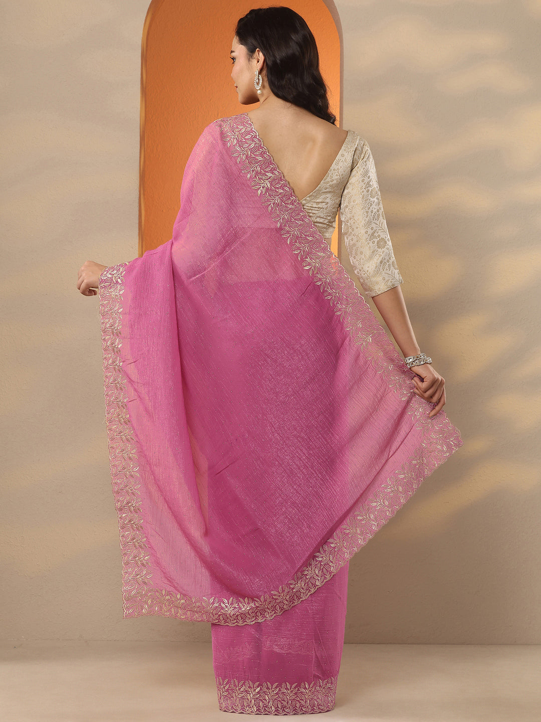 Pink Embellished Chinon Saree With Unstitched Blouse Piece