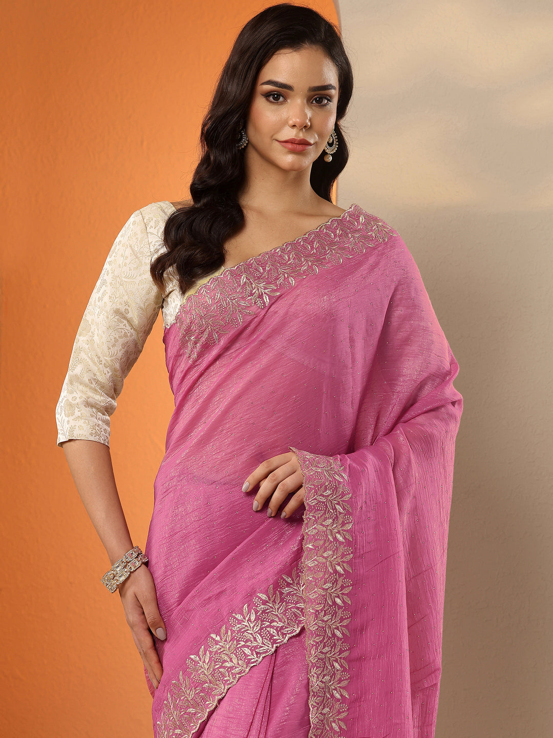 Pink Embellished Chinon Saree With Unstitched Blouse Piece