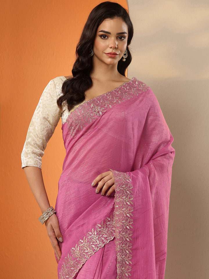 Pink Embellished Chinon Saree With Unstitched Blouse Piece