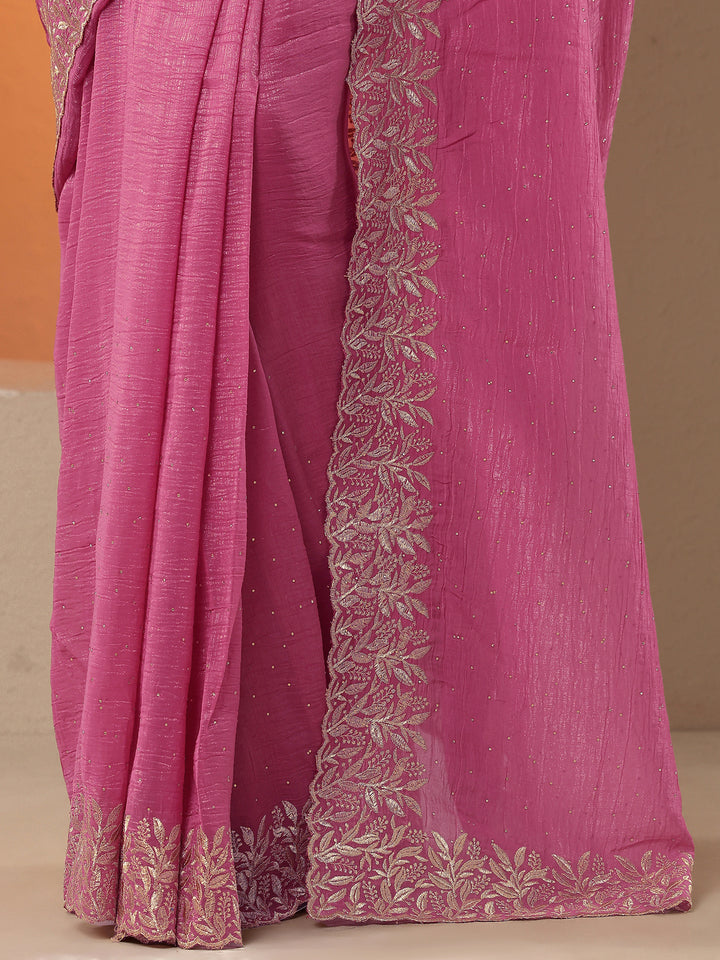 Pink Embellished Chinon Saree With Unstitched Blouse Piece
