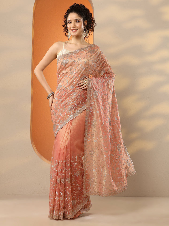 Coral  Embroidered Nylon Saree With Unstitched Blouse Piece