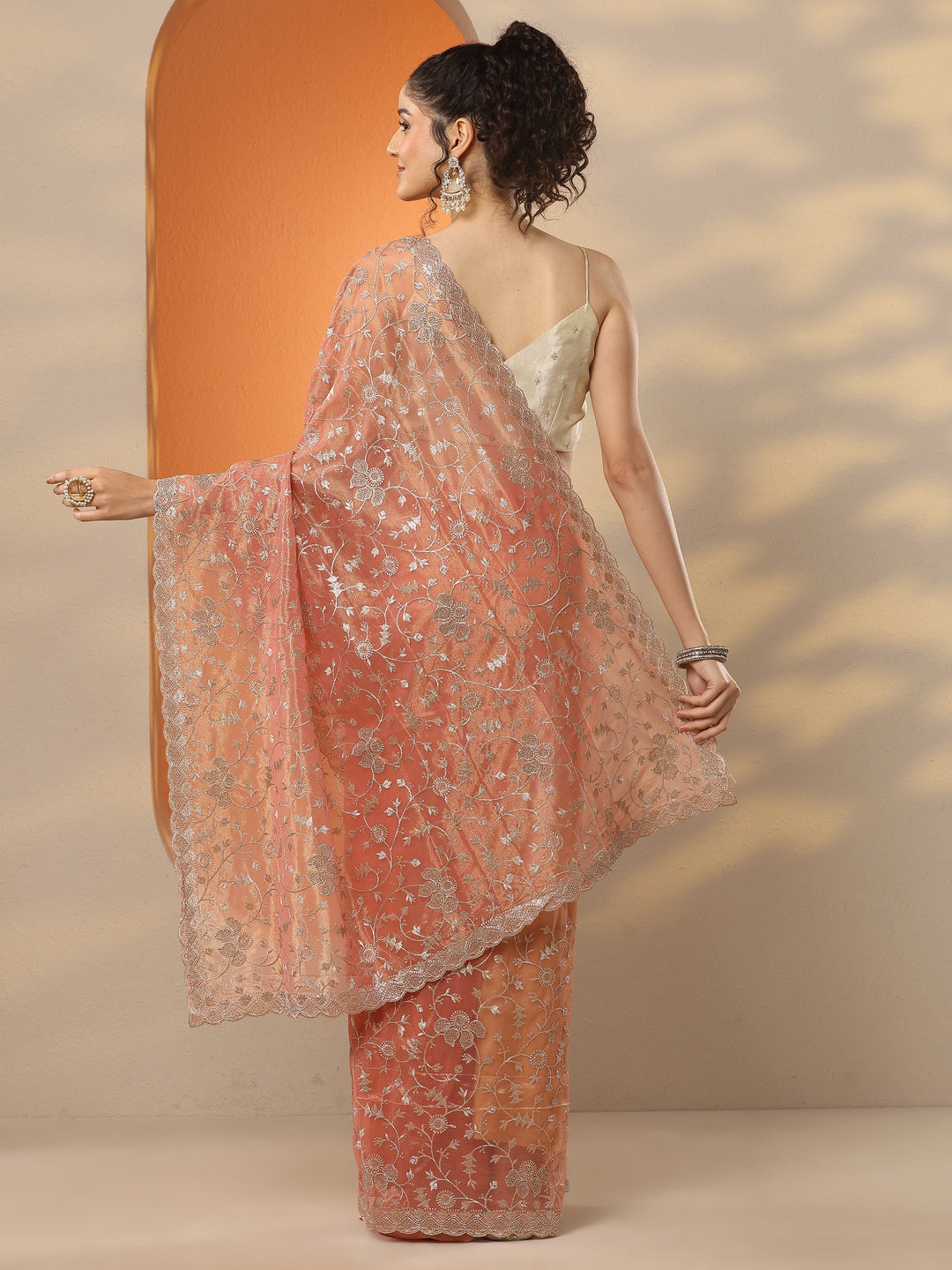 Coral  Embroidered Nylon Saree With Unstitched Blouse Piece