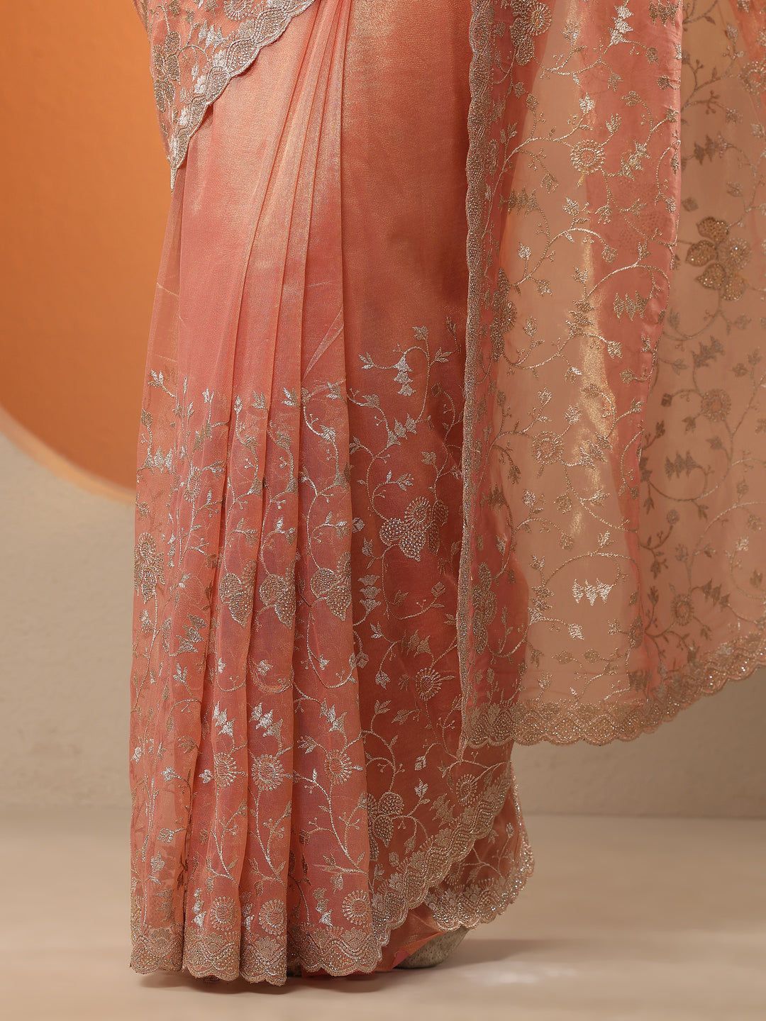 Coral  Embroidered Nylon Saree With Unstitched Blouse Piece