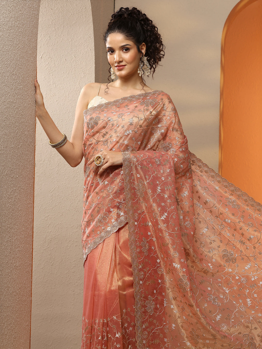 Coral  Embroidered Nylon Saree With Unstitched Blouse Piece