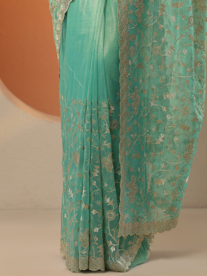 Green Embroidered Nylon Saree With Unstitched Blouse Piece