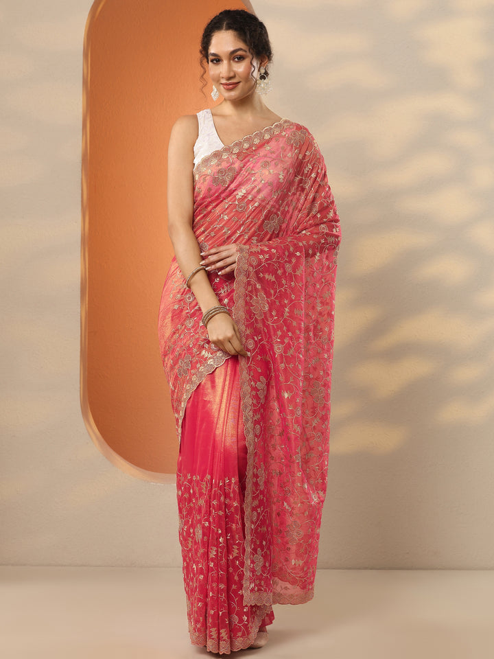 Coral Embroidered Nylon Saree With Unstitched Blouse Piece