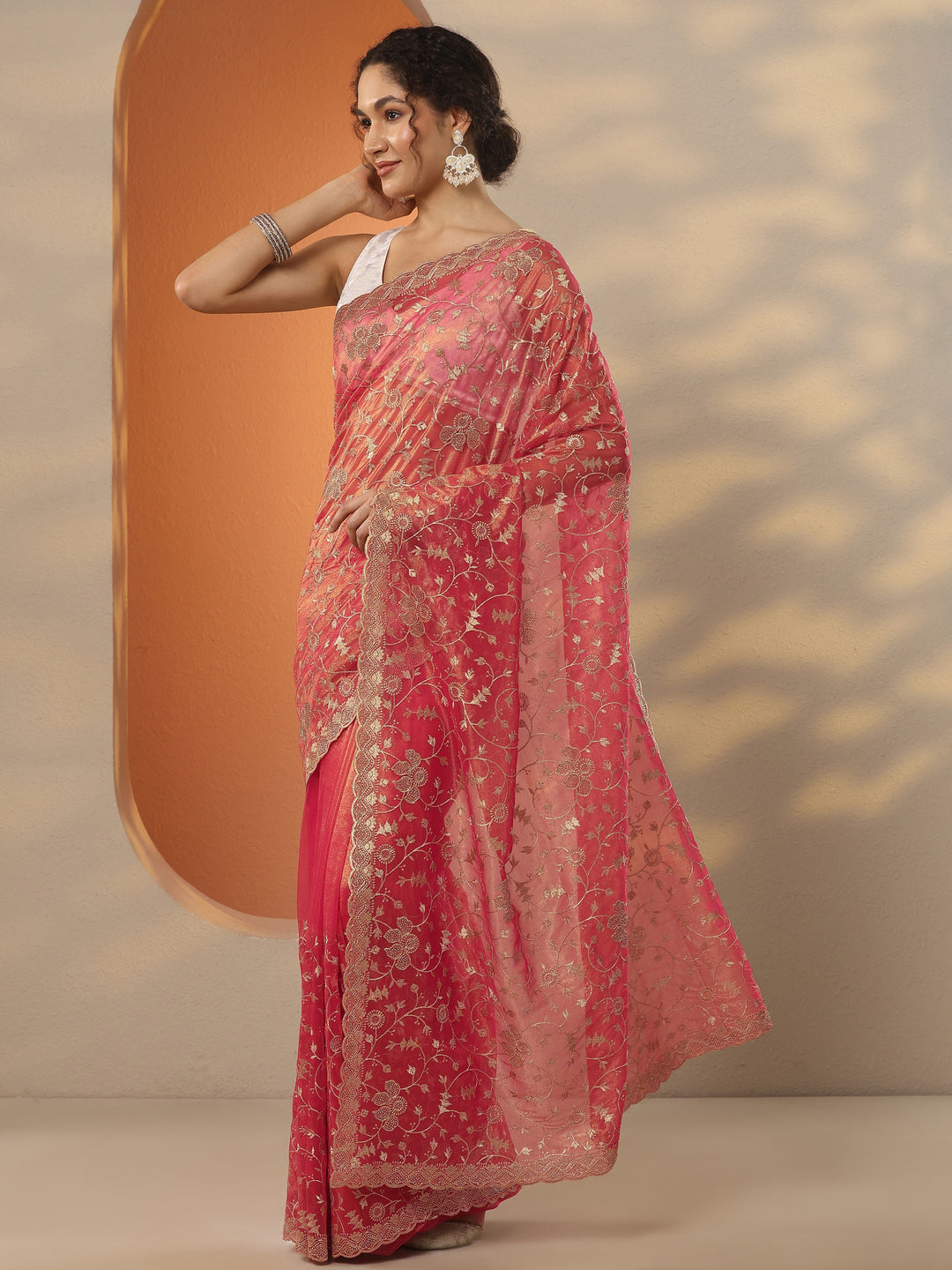 Coral Embroidered Nylon Saree With Unstitched Blouse Piece