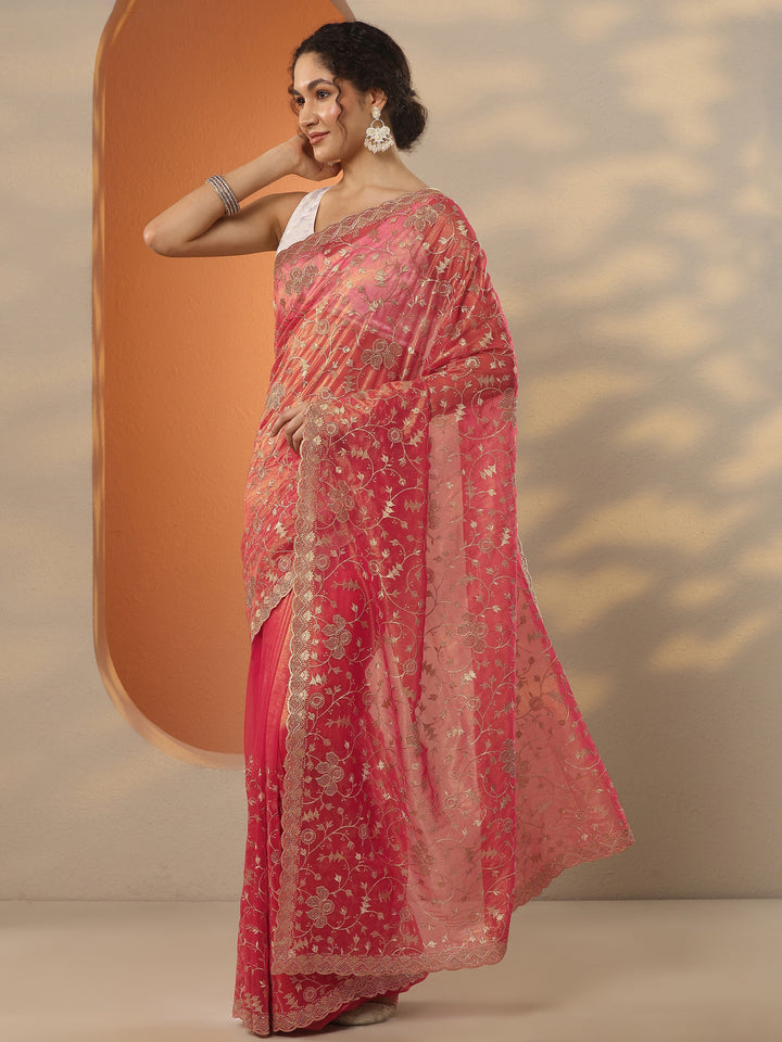 Coral Embroidered Nylon Saree With Unstitched Blouse Piece