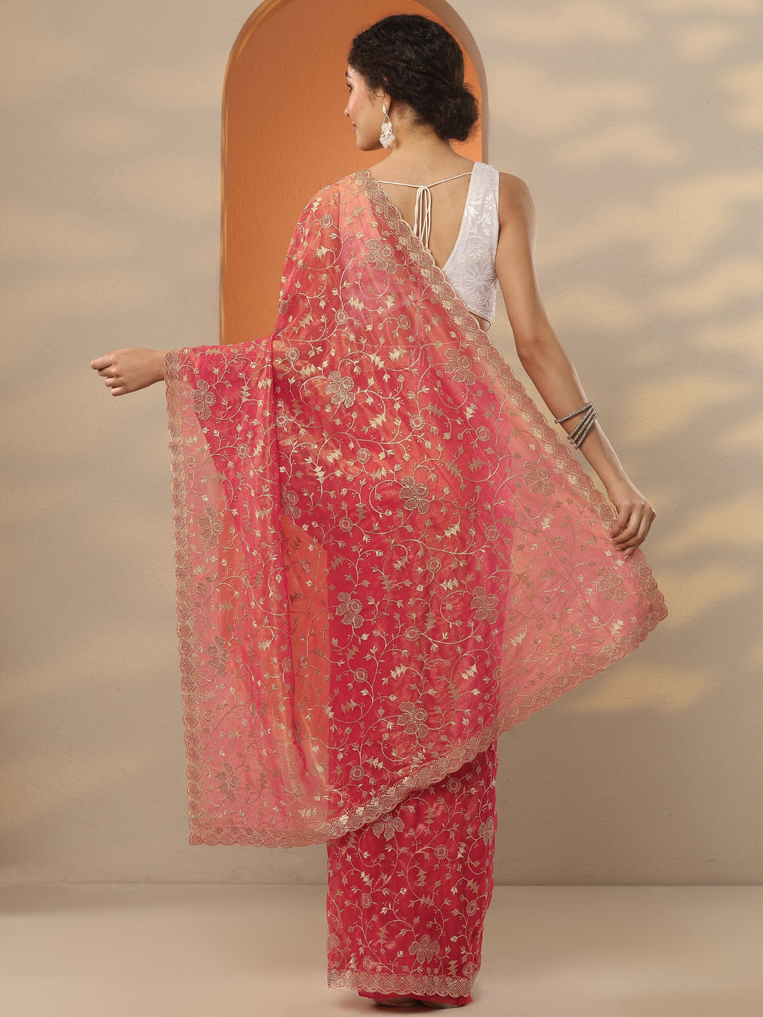 Coral Embroidered Nylon Saree With Unstitched Blouse Piece