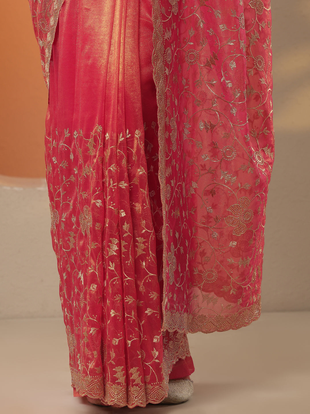 Coral Embroidered Nylon Saree With Unstitched Blouse Piece