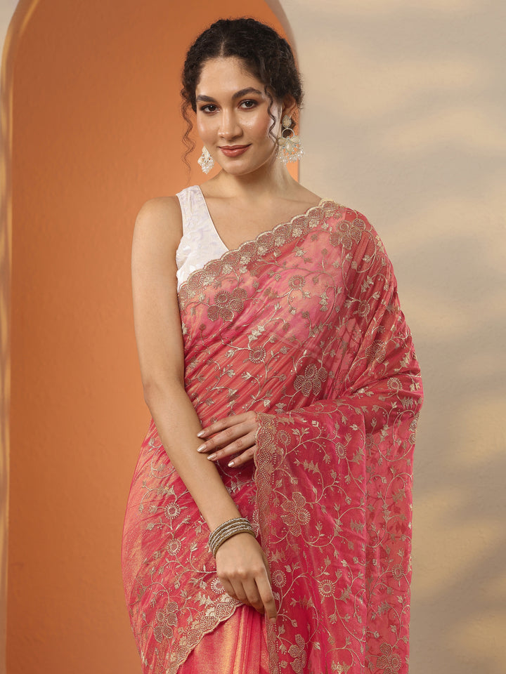 Coral Embroidered Nylon Saree With Unstitched Blouse Piece