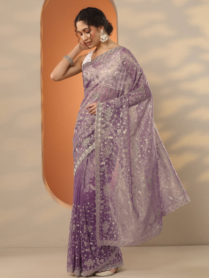 Lavender Embroidered Nylon Saree With Unstitched Blouse Piece