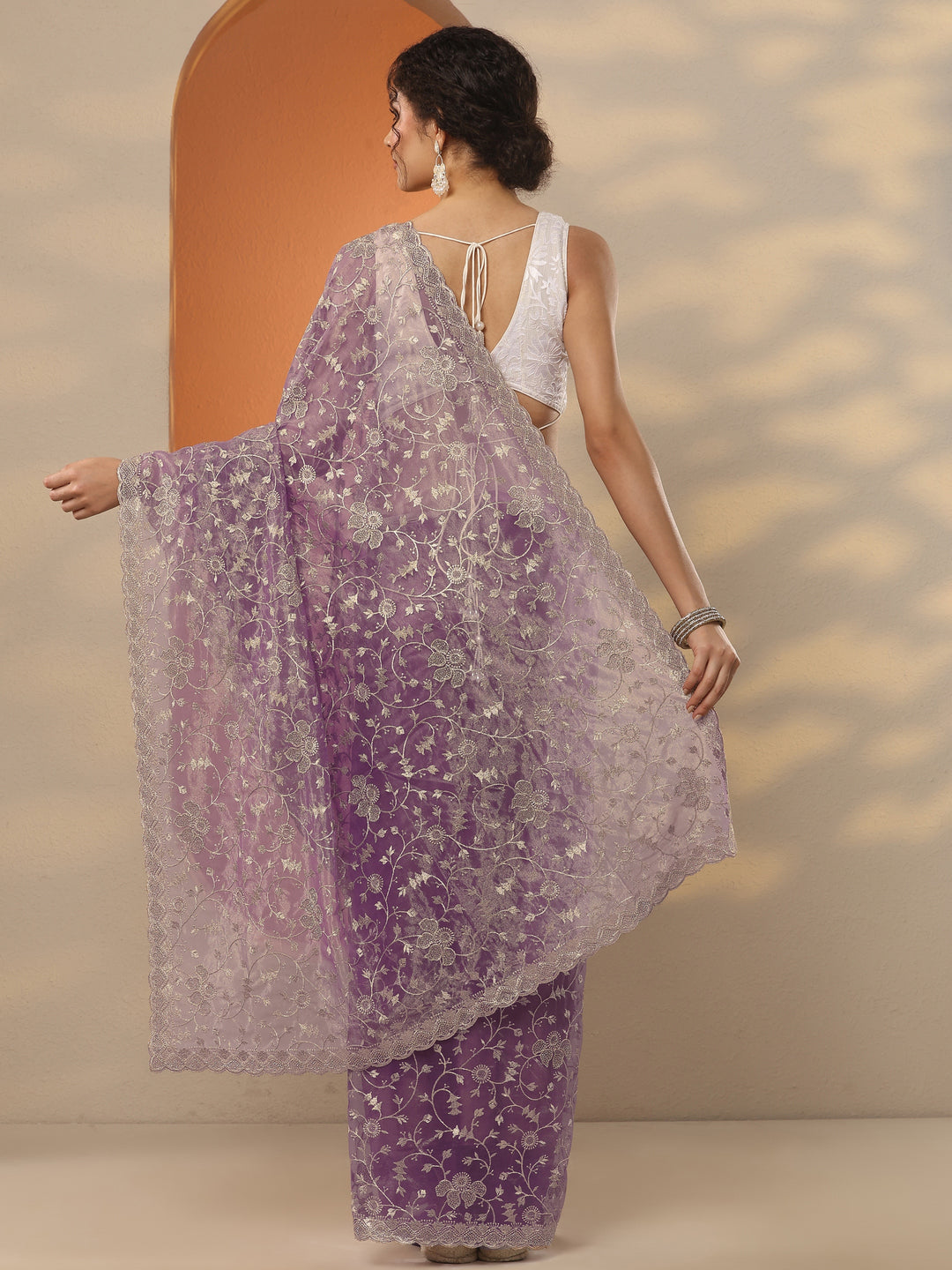 Lavender Embroidered Nylon Saree With Unstitched Blouse Piece