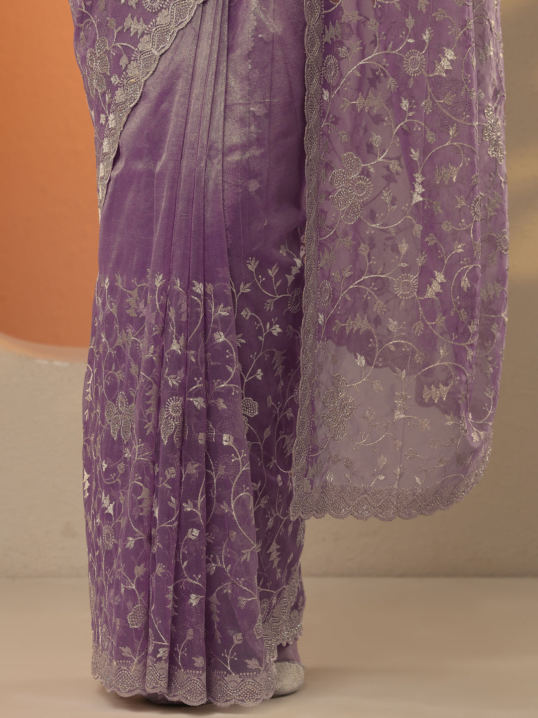 Lavender Embroidered Nylon Saree With Unstitched Blouse Piece