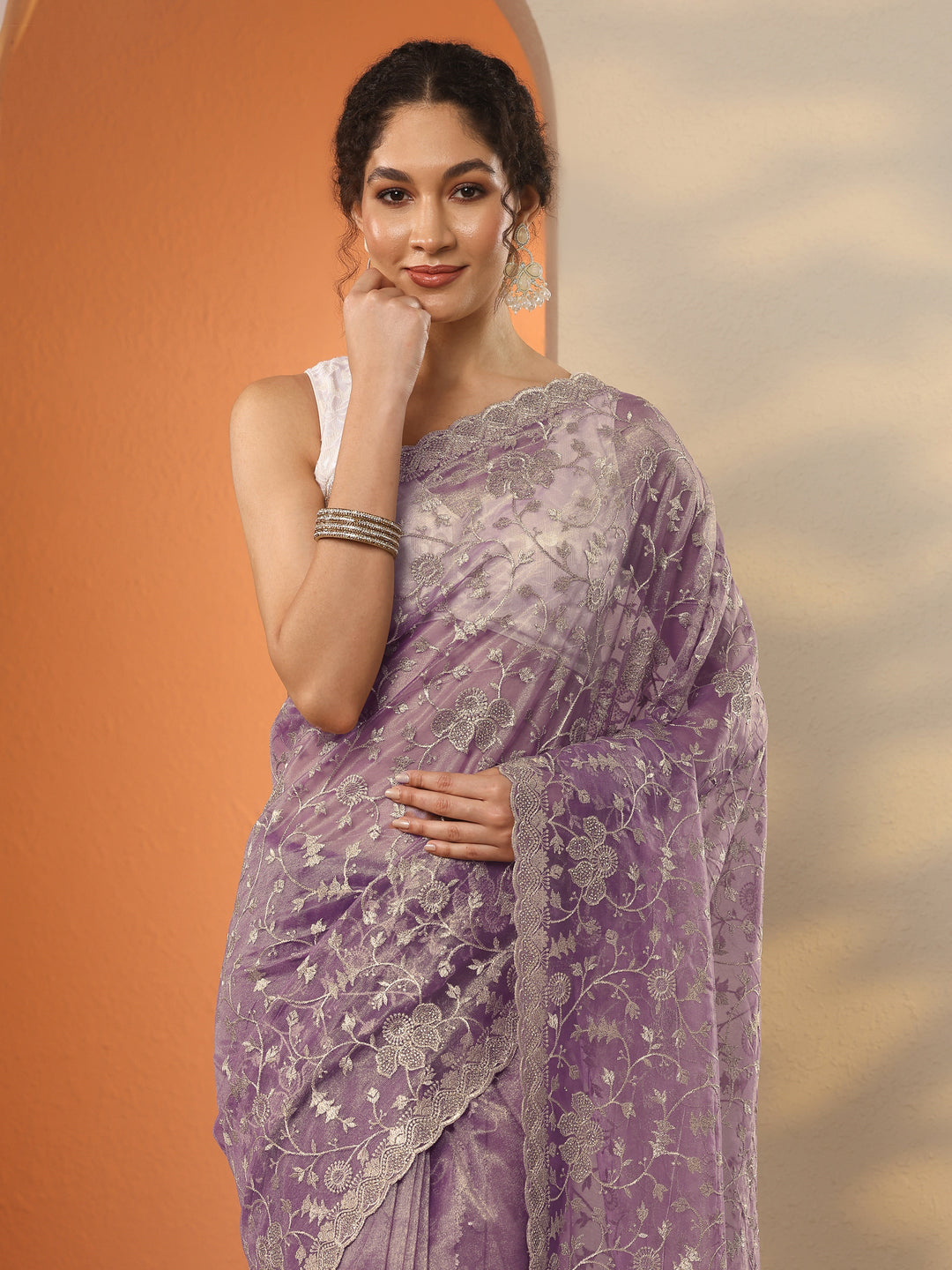 Lavender Embroidered Nylon Saree With Unstitched Blouse Piece
