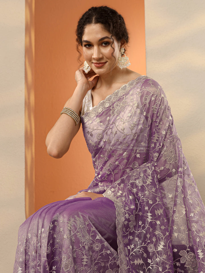 Lavender Embroidered Nylon Saree With Unstitched Blouse Piece