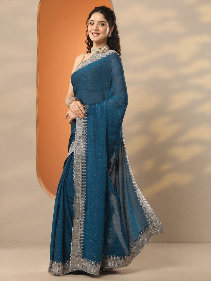 Blue Embellished Organza Saree With Unstitched Blouse Piece