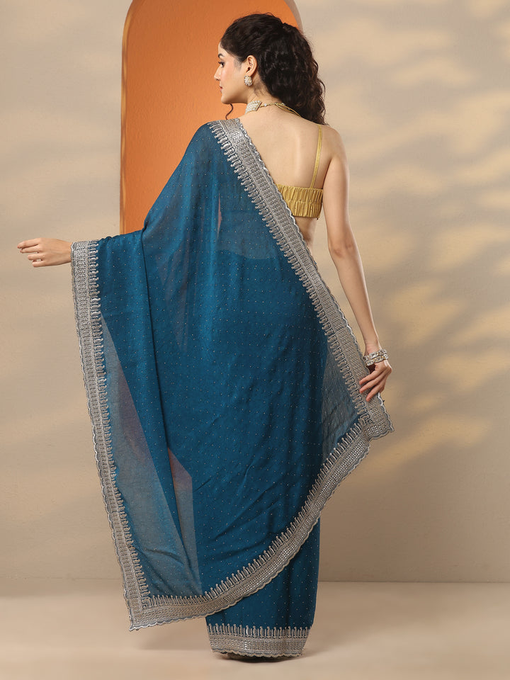 Blue Embellished Organza Saree With Unstitched Blouse Piece