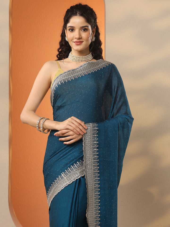 Blue Embellished Organza Saree With Unstitched Blouse Piece