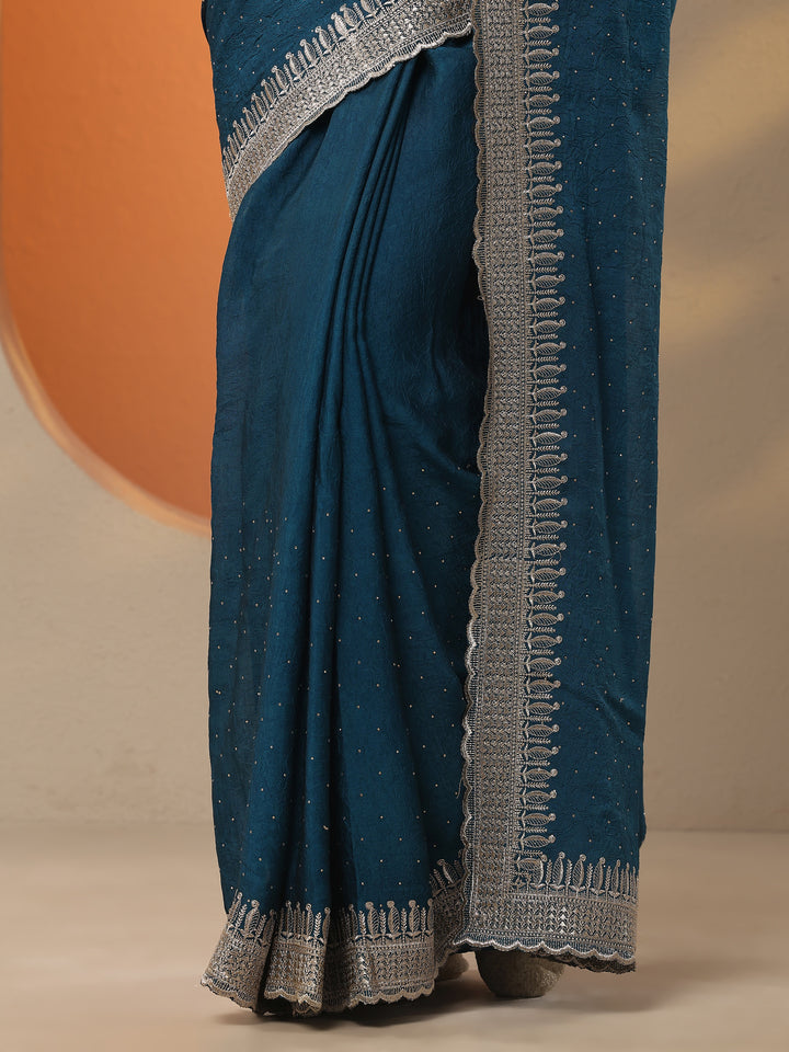 Blue Embellished Organza Saree With Unstitched Blouse Piece