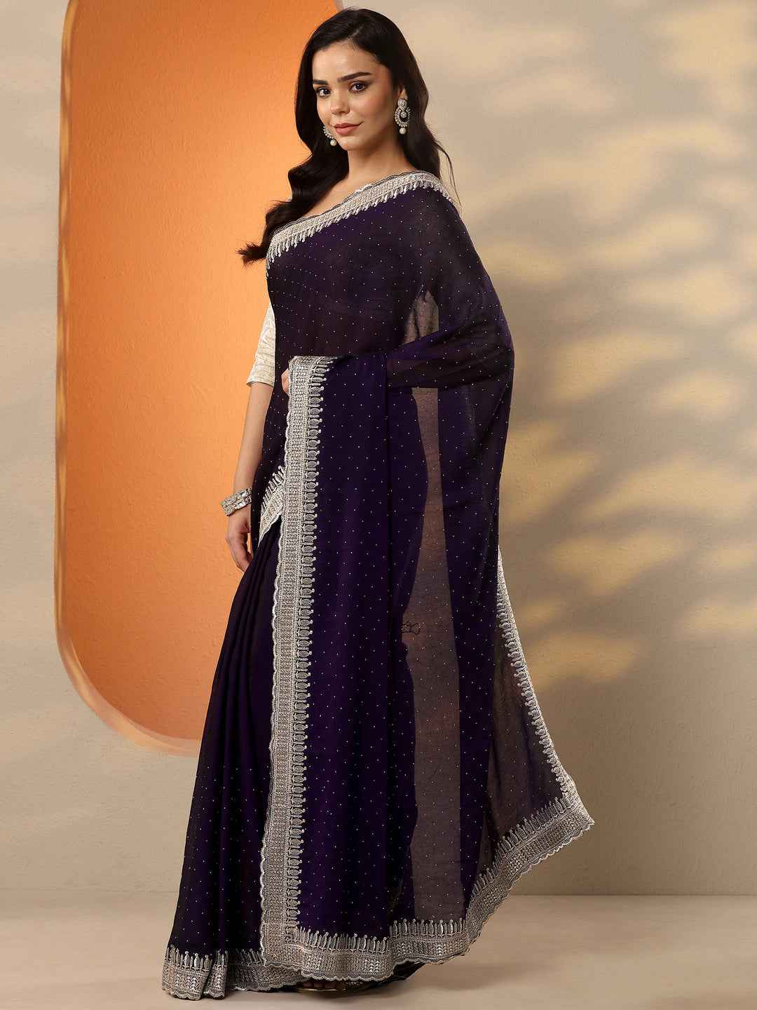 Burgundy Embellished Organza Saree With Unstitched Blouse Piece