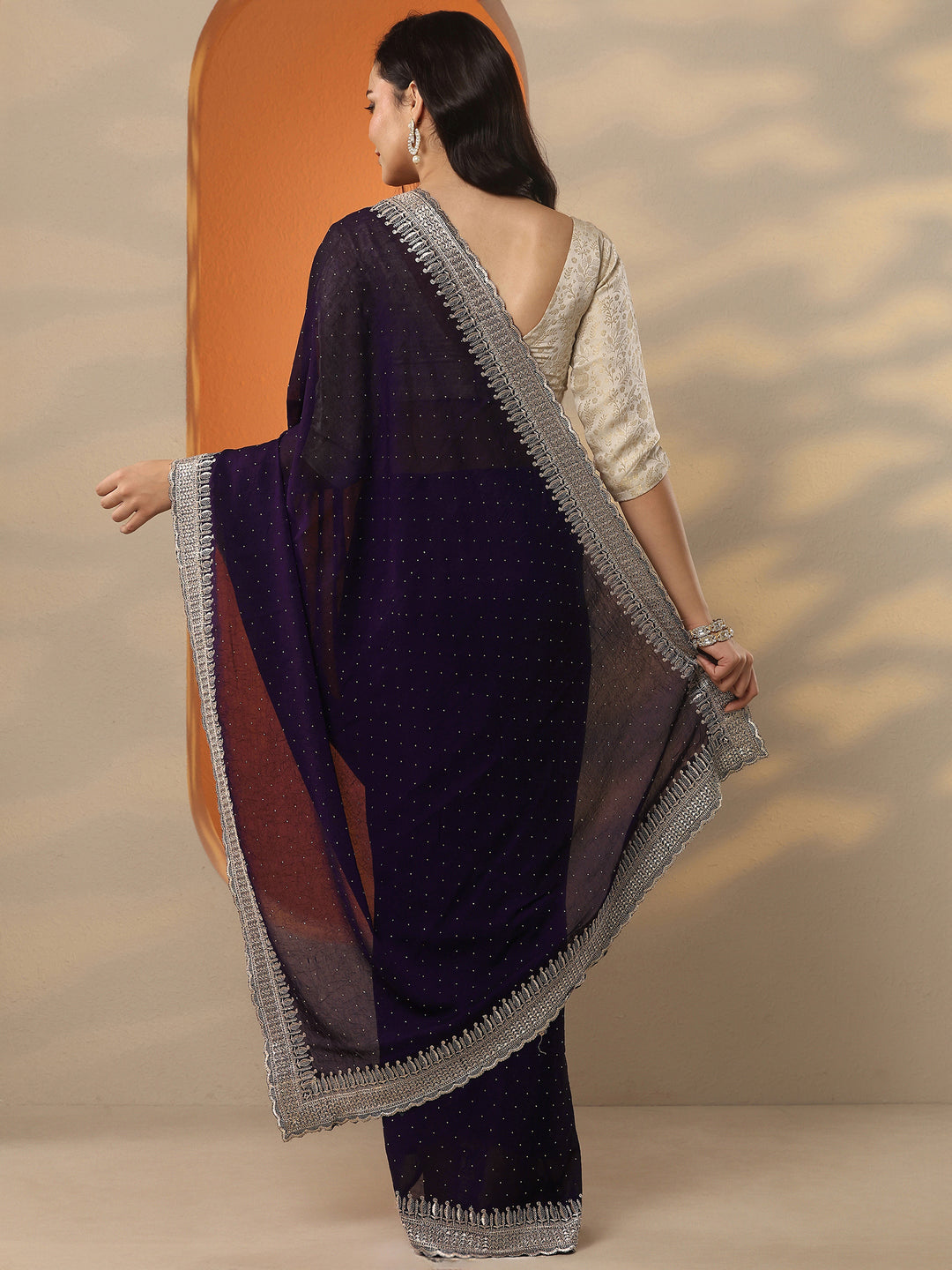 Burgundy Embellished Organza Saree With Unstitched Blouse Piece