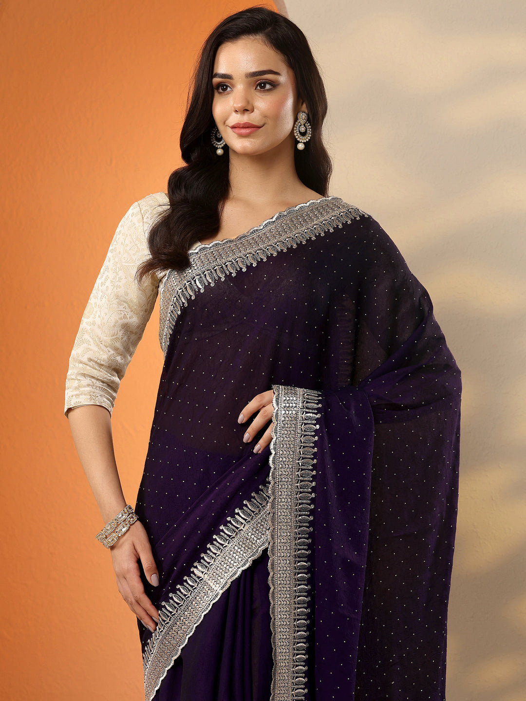 Burgundy Embellished Organza Saree With Unstitched Blouse Piece