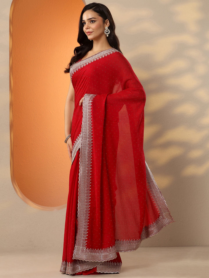 Red Embellished Organza Saree With Unstitched Blouse Piece