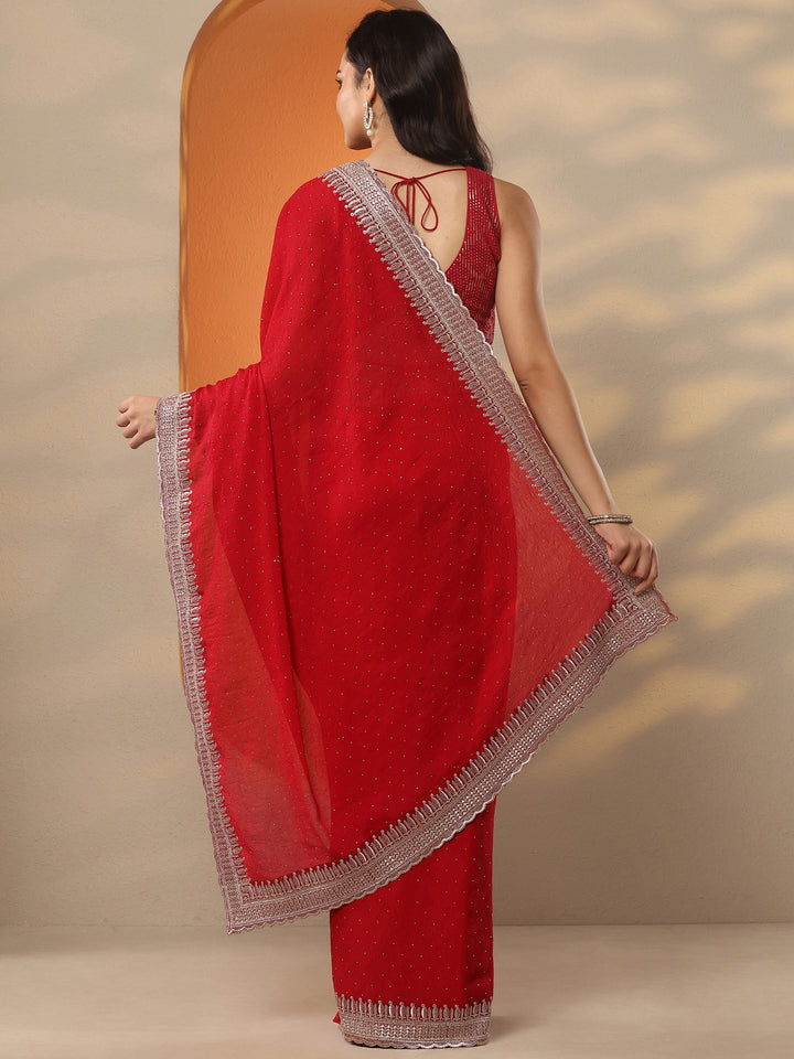 Red Embellished Organza Saree With Unstitched Blouse Piece