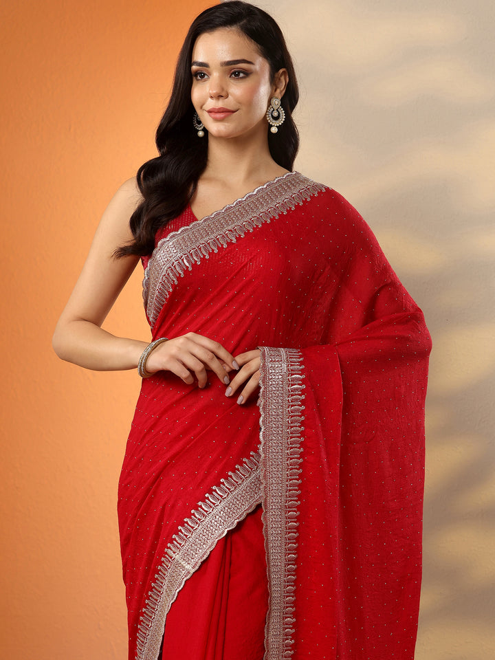 Red Embellished Organza Saree With Unstitched Blouse Piece