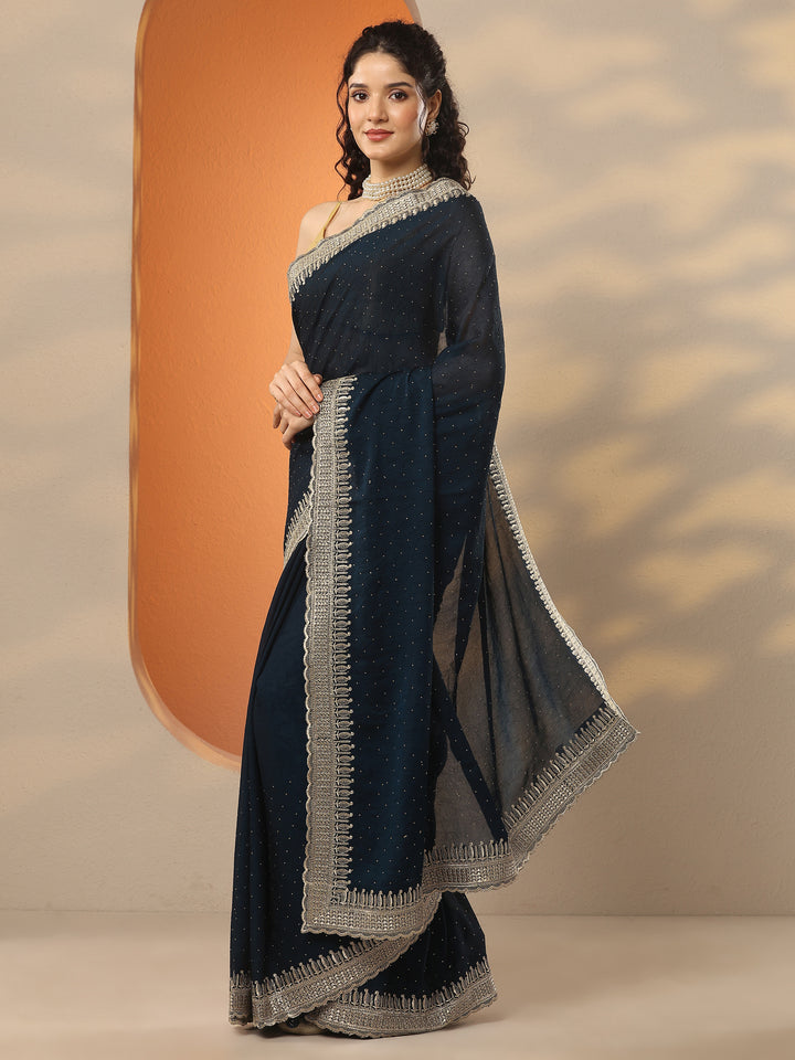 Blue Embellished Organza Saree With Unstitched Blouse Piece