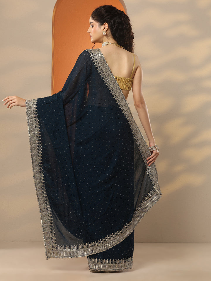 Blue Embellished Organza Saree With Unstitched Blouse Piece