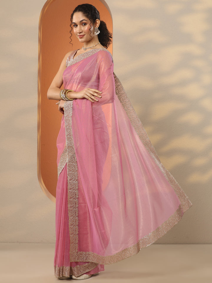 Pink Embellished Nylon Saree With Unstitched Blouse Piece