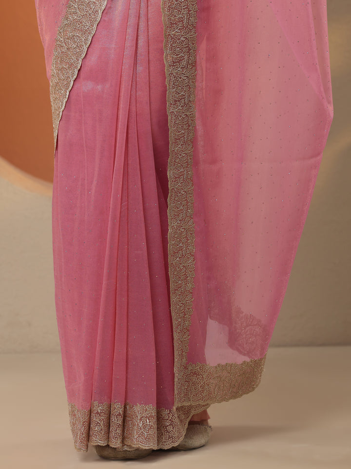 Pink Embellished Nylon Saree With Unstitched Blouse Piece