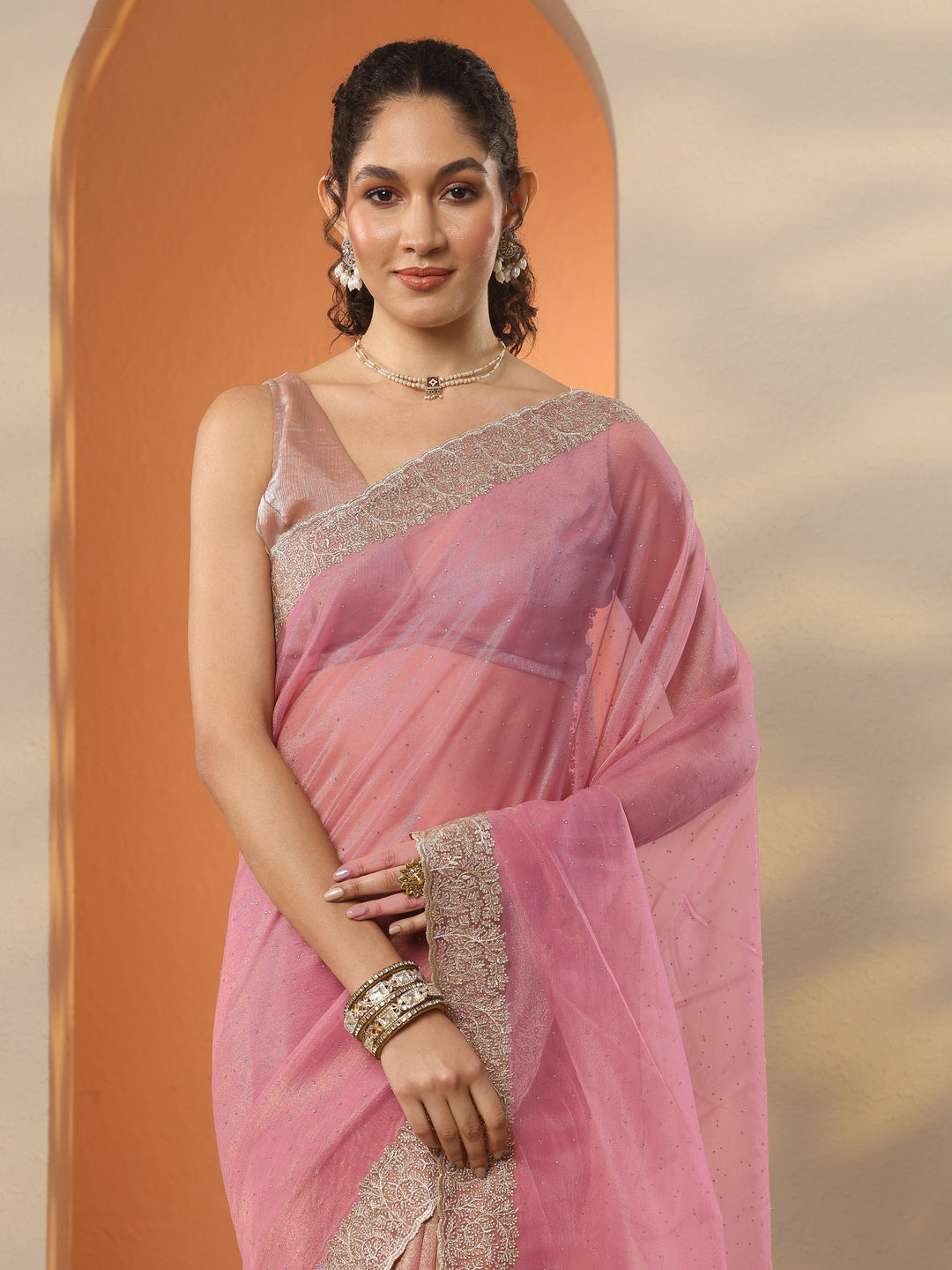 Pink Embellished Nylon Saree With Unstitched Blouse Piece