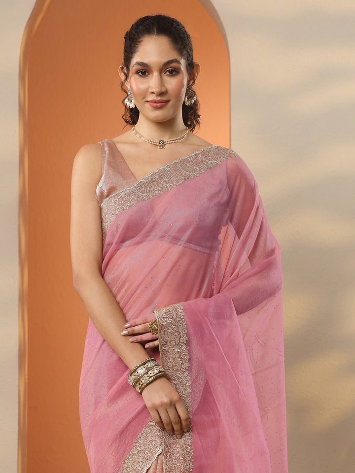 Pink Embellished Nylon Saree With Unstitched Blouse Piece
