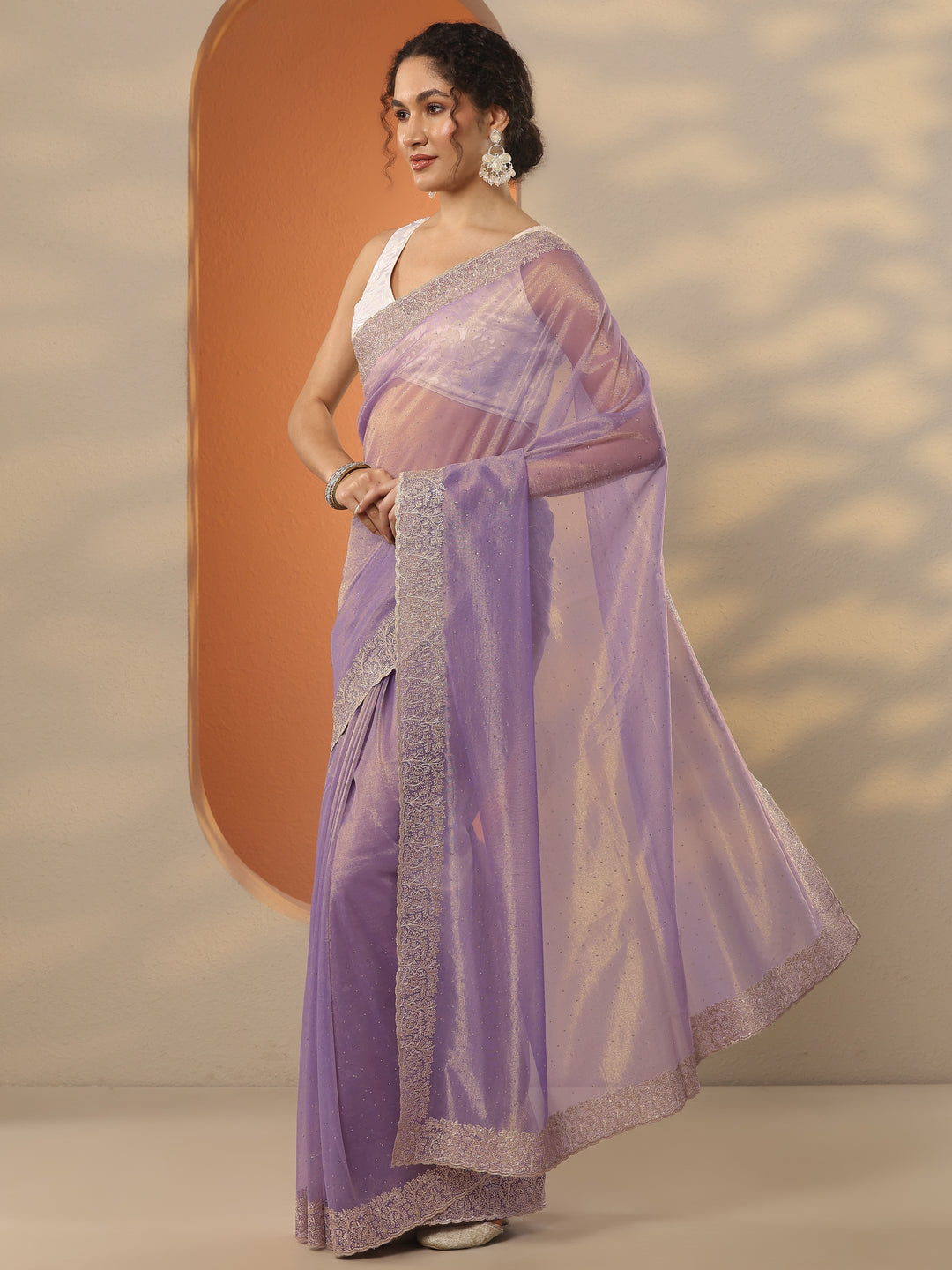 Lavender Embellished Nylon Saree With Unstitched Blouse Piece