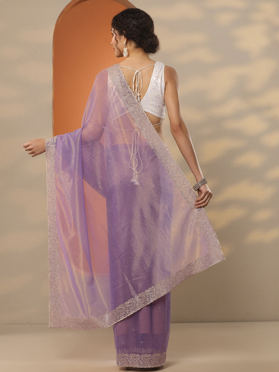 Lavender Embellished Nylon Saree With Unstitched Blouse Piece