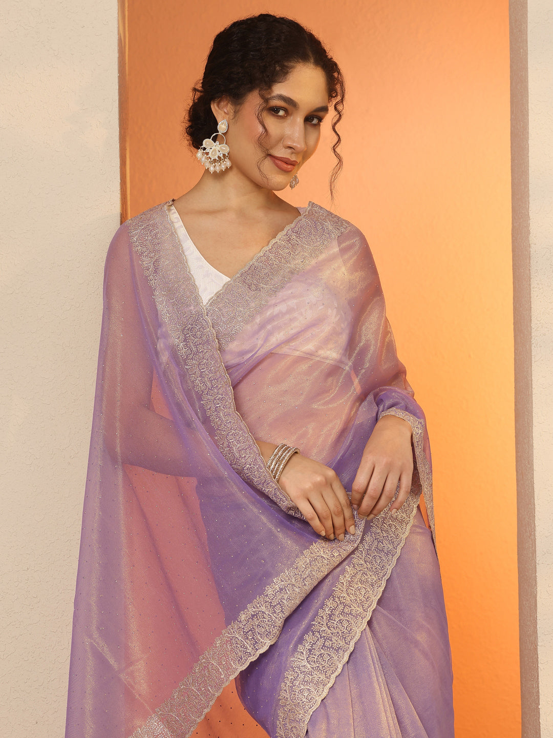 Lavender Embellished Nylon Saree With Unstitched Blouse Piece