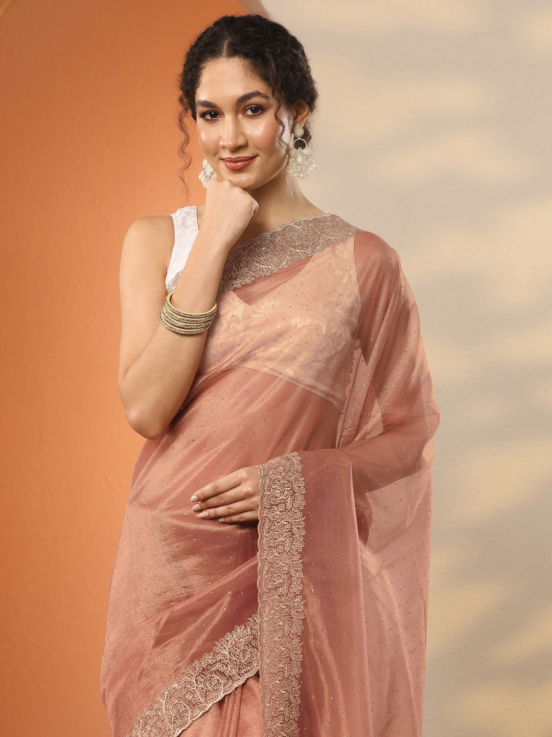 Orange Embellished Nylon Saree With Unstitched Blouse Piece