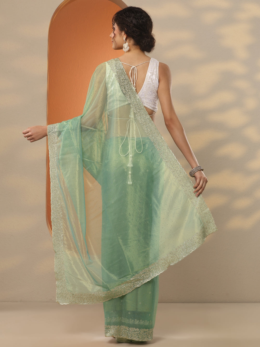 Green Embellished Nylon Saree With Unstitched Blouse Piece