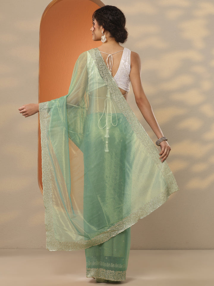 Green Embellished Nylon Saree With Unstitched Blouse Piece