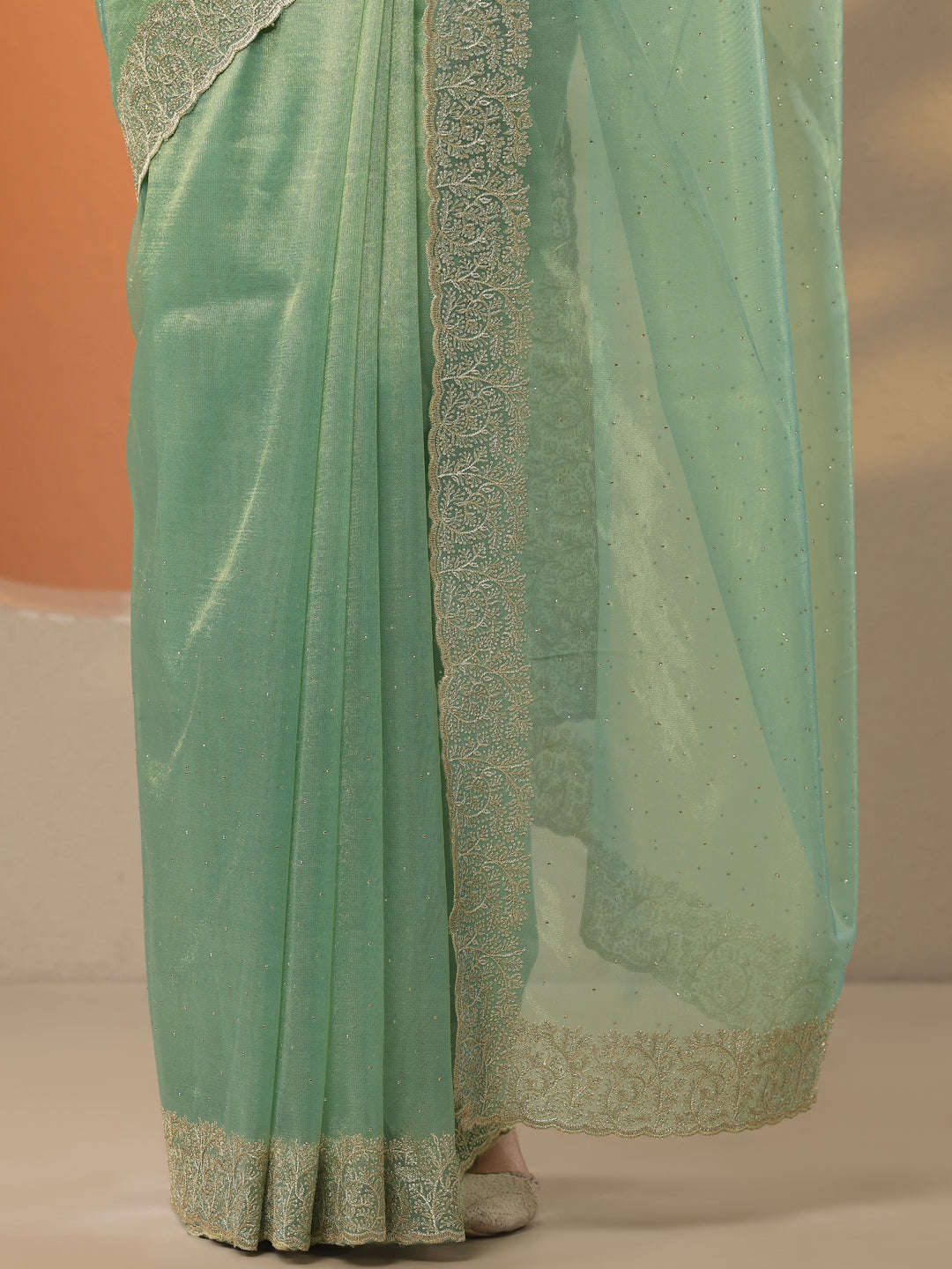 Green Embellished Nylon Saree With Unstitched Blouse Piece