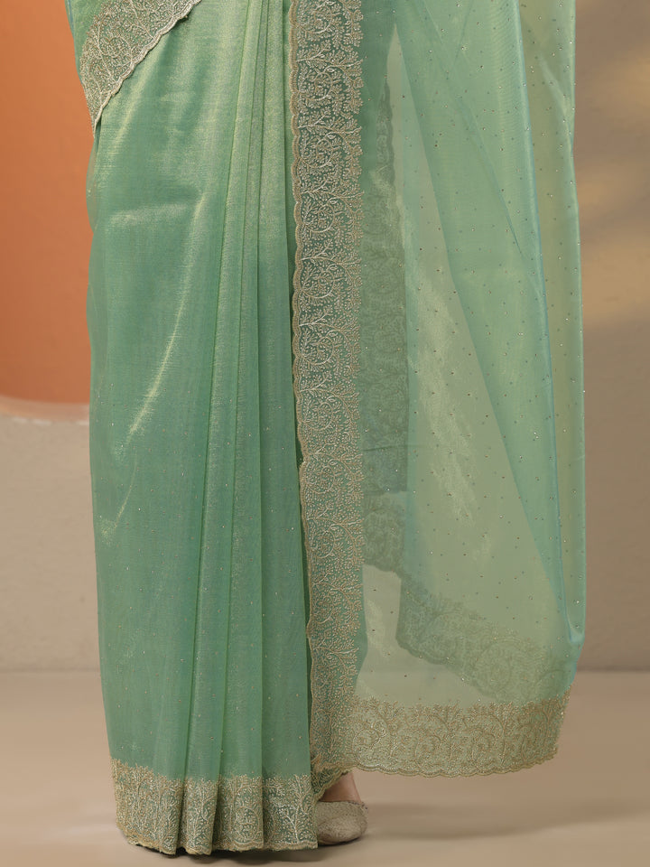 Green Embellished Nylon Saree With Unstitched Blouse Piece