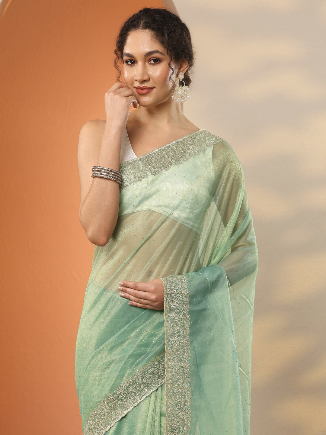 Green Embellished Nylon Saree With Unstitched Blouse Piece