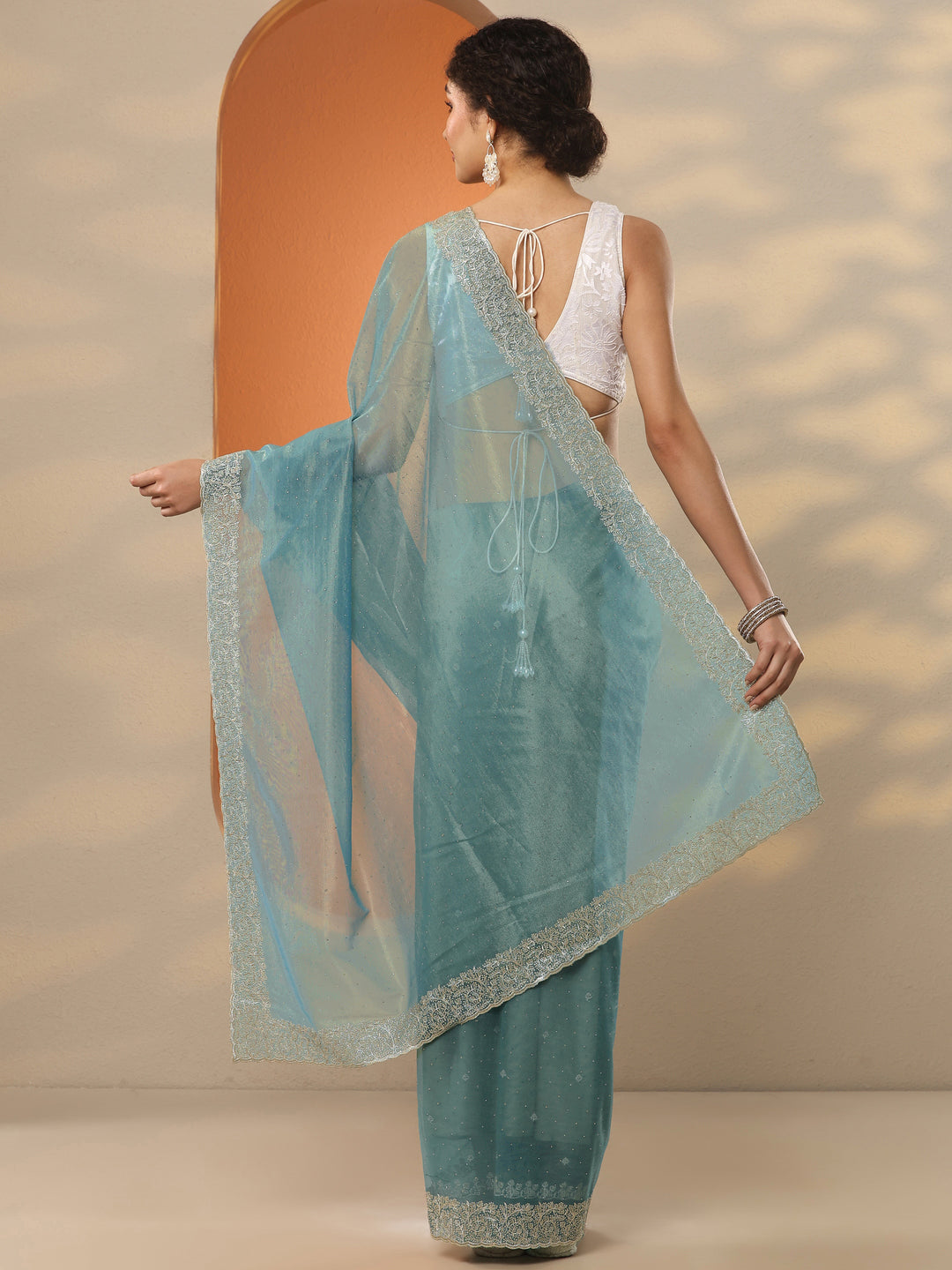 Sea Green Embellished Nylon Saree With Unstitched Blouse Piece